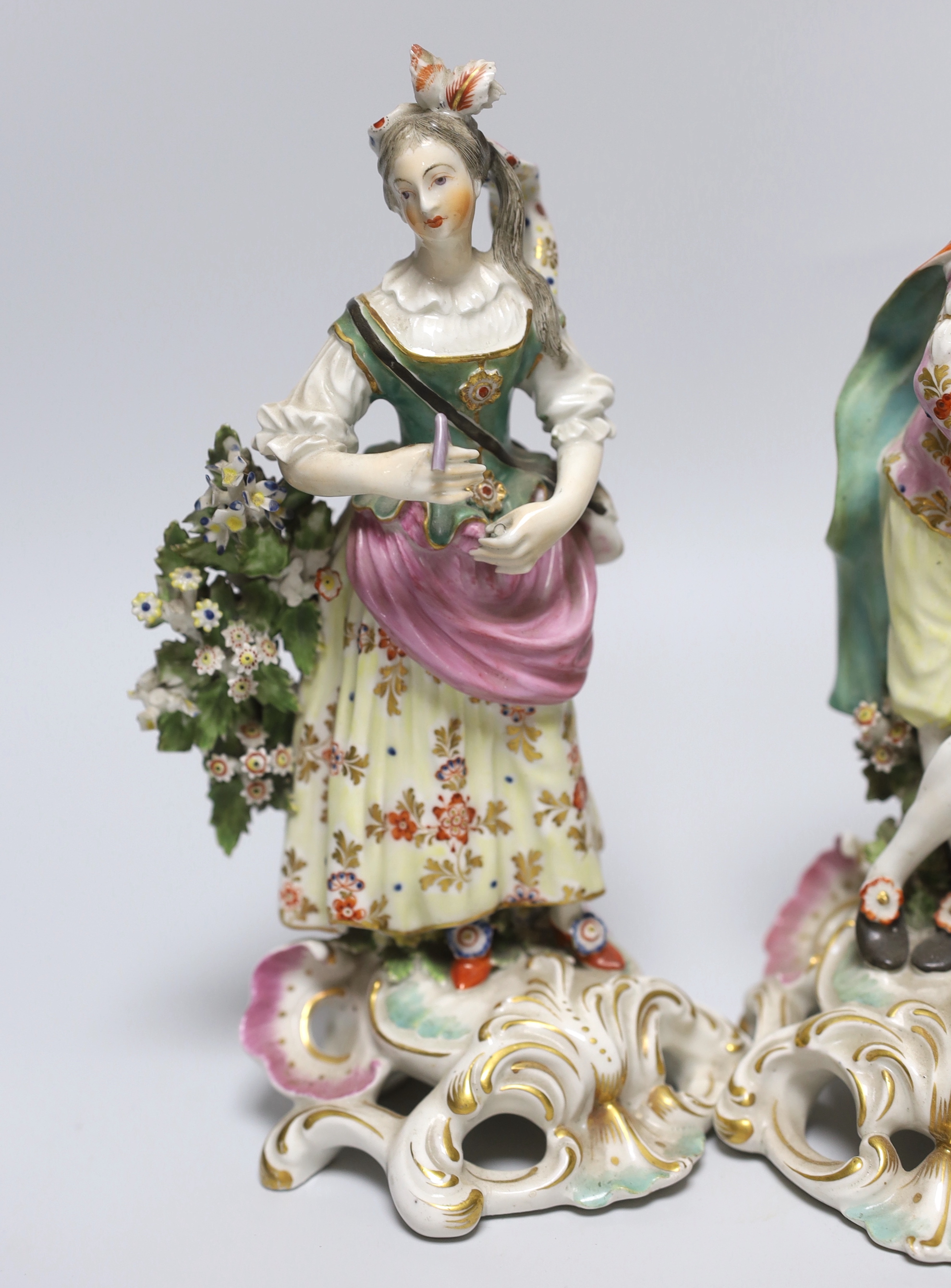 Two 18th century Derby ceramic musicians, 21cm